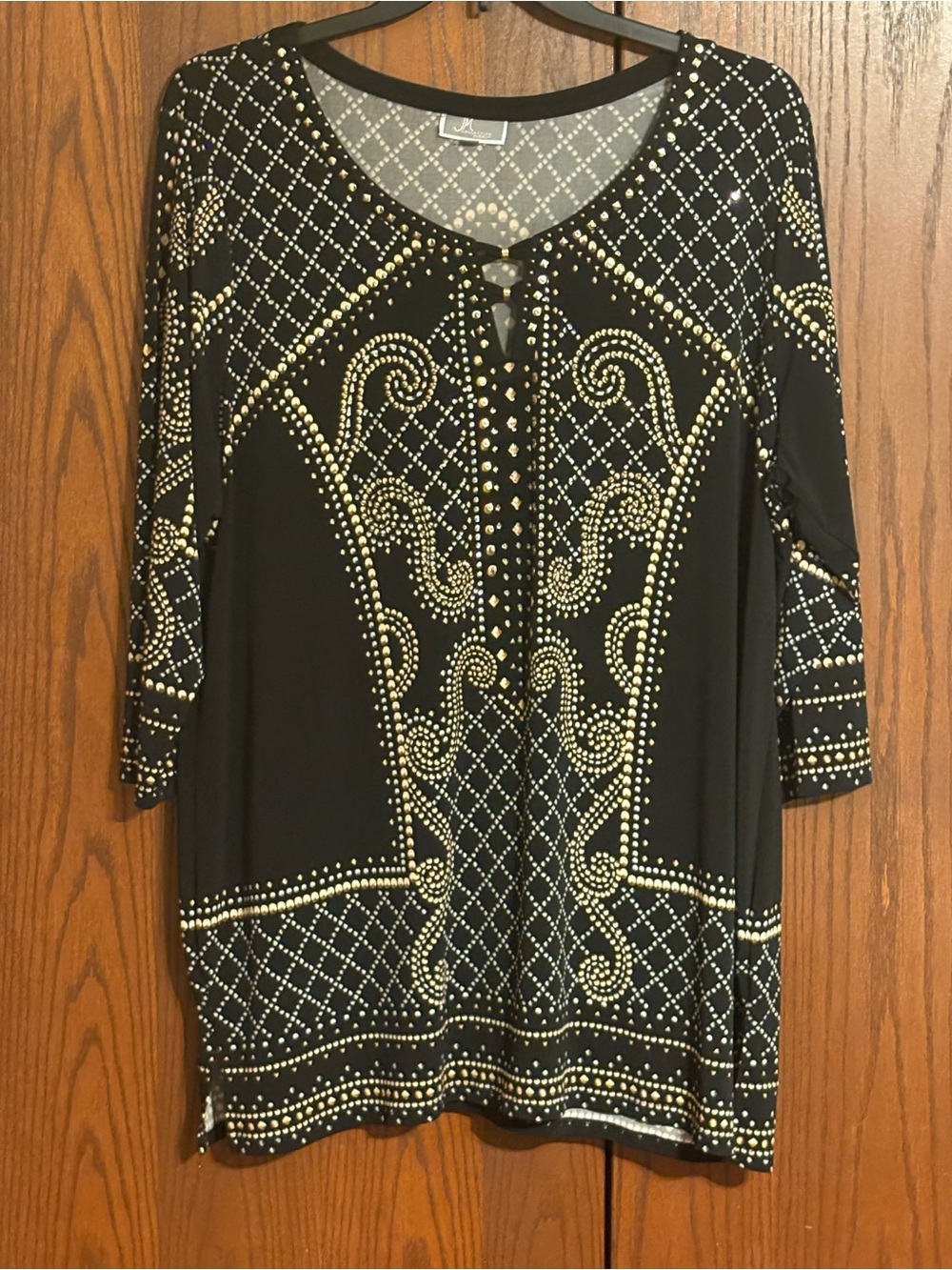 JM Collection Black Tunic Top with Gold Stud Embellishment
